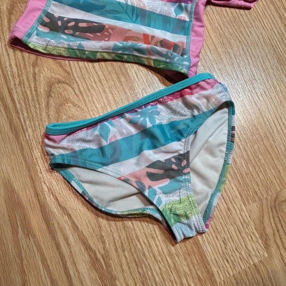 Jantzen Tropical Rash Guard Swimsuit Set Pink Teal Stripe Floral 2-Piece Size‎ 4